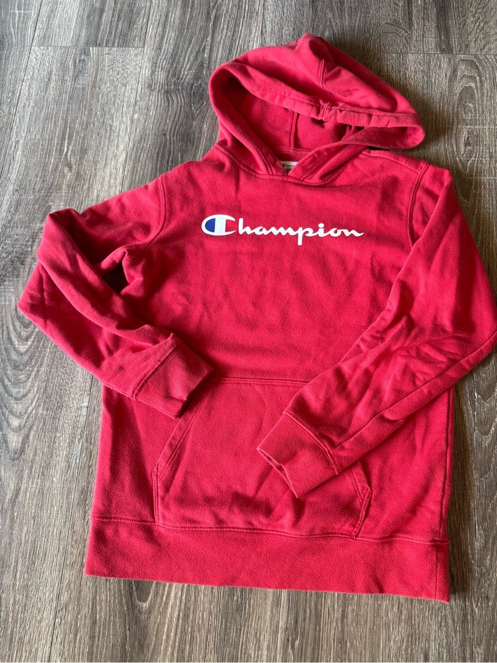 Kids L Champion Red Zip-Style Hooded Sweatshirt with Script Logo